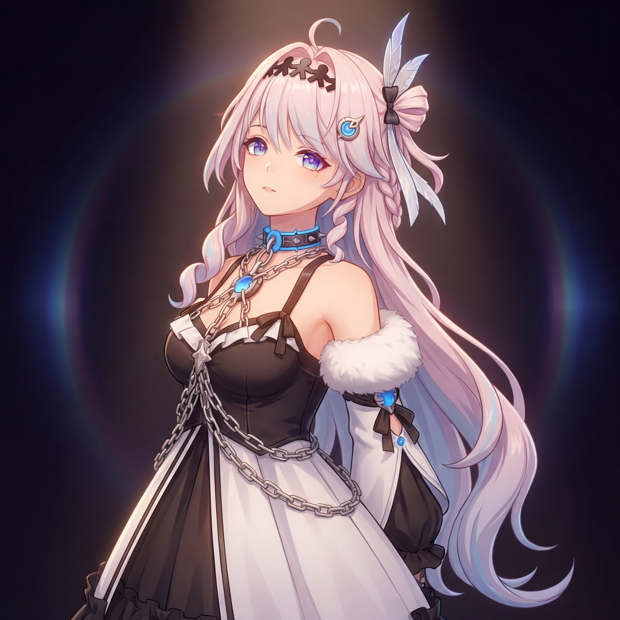 anime-inspired 3D render, pale pink with streaks of light blue long, wavy, with bangs and side braids, adorned with hair clips and feathered accessories hair, blue eyes, fair skin, slim, petite, wearing black and white gothic-lolita inspired dress with fur trim around the shoulders, a high blue collar with a jeweled pendant, chains across the chest, and a white skirt with black trim, with feathered hair accessories, blue collar with a crystal pendant, ornate chains, decorative headpiece resembling interconnected paper dolls or stick figures, unique headpiece resembling paper dolls or stick figures, striking blue and purple eyes, pale pink hair with colored streaks, detailed ornate jewelry and chains, color palette: pinks, blues, black, white, gold accents. A slim, petite young woman with long, wavy pale pink hair streaked with light blue. Her hair is styled with bangs and side braids, adorned with feathered accessories and a unique headpiece resembling interconnected paper dolls or stick figures. She has fair skin and striking blue eyes. She wears a black and white gothic-lolita inspired dress featuring fur trim around the shoulders, a high blue collar with a jeweled pendant, and ornate chains across the chest. Her accessories also include feather hair decorations and a blue spiked collar with a gem.

鸣潮|达妮娅, 穿着黑色小礼裙, 优雅地转身, 全身像, 略带仰视角度, 柔和的聚光灯打在身上, 背景有微弱的光晕, 营造一种神秘而迷人的氛围